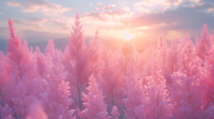  A field of pink flowers, bathed in sunlight, with clouds surrounding the bright sky above