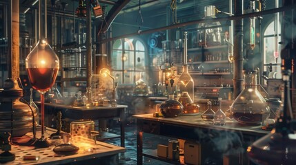 A laboratory filled with bubbling flasks and intricate glassware, hinting at experiments in progress.