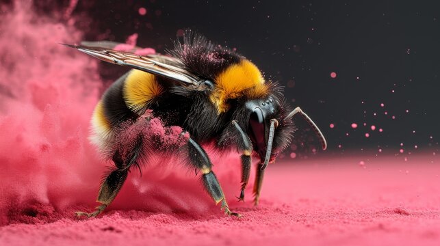  A clear image shows a bee in front of a dark-colored background, with a bright yellow stripe on its head
