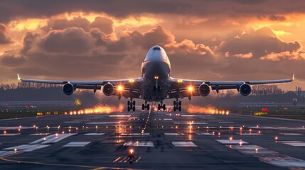 A large jetliner taking off from an airport runway at sunset or dawn with the landing gear down and the landing gear down, as the plane is about to take off - obrazy, fototapety, plakaty