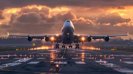 Foto auf Acrylglas A large jetliner taking off from an airport runway at sunset or dawn with the landing gear down and the landing gear down, as the plane is about to take off © Muhammad