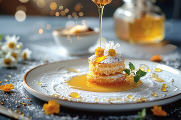 Honey Drizzle over Delicate Dessert