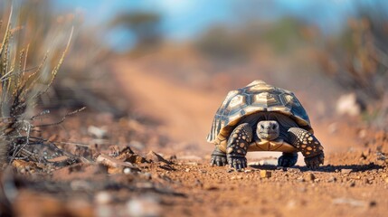 A small tortoise is slowly making its way across a dirt road in a Madagascar Spiny Forest. - Powered by Adobe