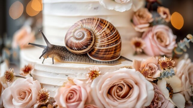  A cake with a snail on top and flowers at the base