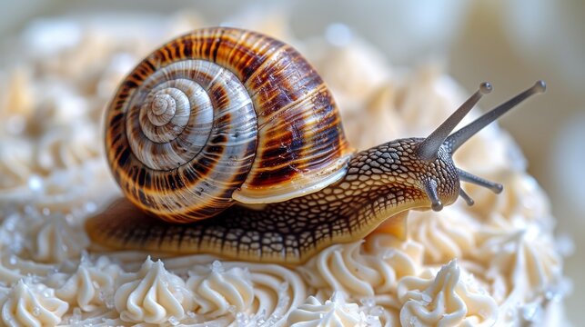  A picture of a snail atop a white, frosted cake with icing covering its base