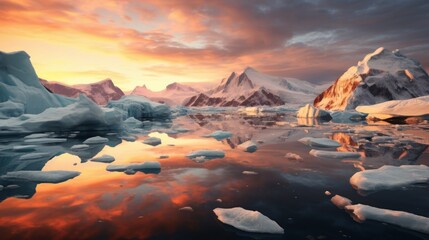 Generative AI Setting sun over Antarctic glaciers - Powered by Adobe
