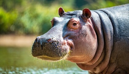 portrait of a big male hippo against savanna river ambience background with space for text...