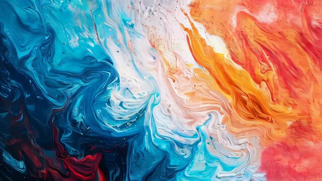 Abstract background of acrylic paint in blue, orange and yellow tones.