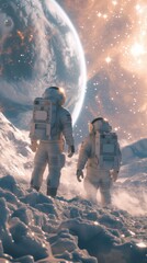 Two Astronauts Walking on Snowy Surface in Front of Planet