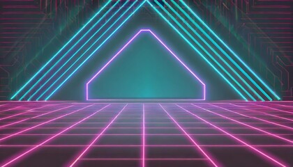 neon background template electric light perspective retro computer games sci fi technology vintage graphics and holographic projection concept - obrazy, fototapety, plakaty