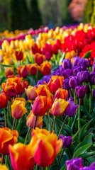 Obraz premium A field bursting with colorful tulips stretches into the distance, bordered by lush trees under a clear sky. The vibrant flowers create a stunning contrast against the green foliage.