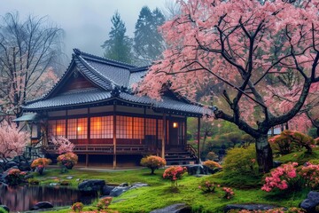Fototapeta premium A traditional Japanese style house is nestled among a lush landscape of trees and colorful flowers, creating a harmonious fusion of nature and architecture. The serene setting showcases the beauty of 