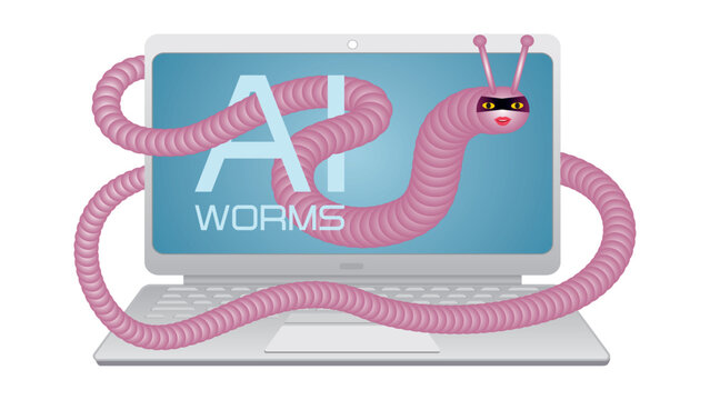 AI worms. Computor with funny worm. Isolated. Vector illustration.