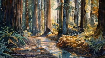 A watercolor painting depicting a path cutting through a dense forest. The path winds its way...
