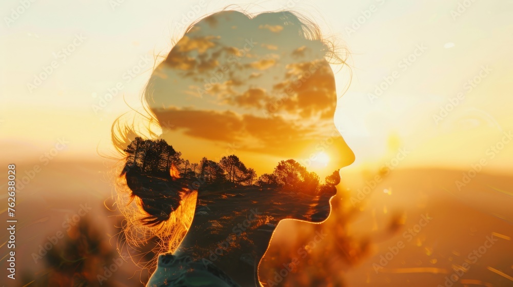 Poster a side profile of a woman is visible against the backdrop of the sun. the sun is setting or rising, 