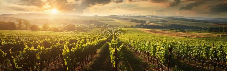 The sun is seen dipping below the horizon, casting a warm glow over rows of grapevines in a...