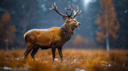  A majestic deer, gracefully standing amidst an emerald field dotted with tall trees, as delicate snowflakes softly descend upon its magnificent antlers