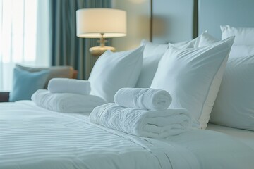 Fototapeta na wymiar Inviting Scene of a Well-Made Hotel Bed