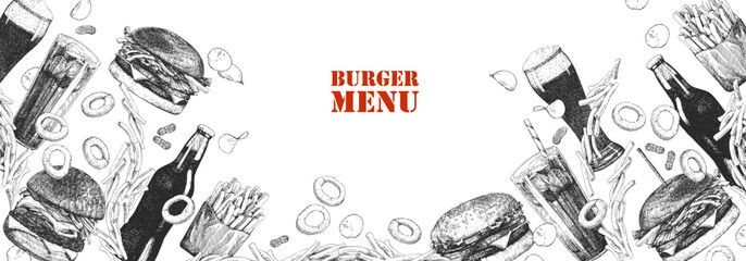 Burger Menu. Hand-drawn illustration of dishes and products. Ink. Vector	 - 762638279