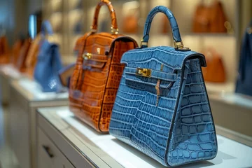 Poster Elegantly designed luxury handbags with crocodile leather texture, showcased in a retail boutique, reflecting exclusivity and style. © Good AI