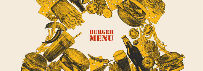 Burger Menu. Hand-drawn illustration of dishes and products. Ink. Vector	