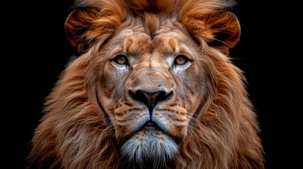 Fototapeta premium A high-quality image of a close-up lion's face on a dark background, with a clear and focused appearance