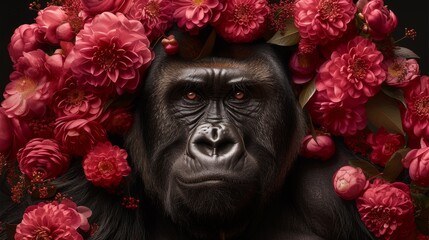  Close-up of gorilla with flowers on head and red flowers in front