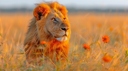  A tight shot of a lion amidst green grass and vibrant flowers against a hazy backdrop of sky