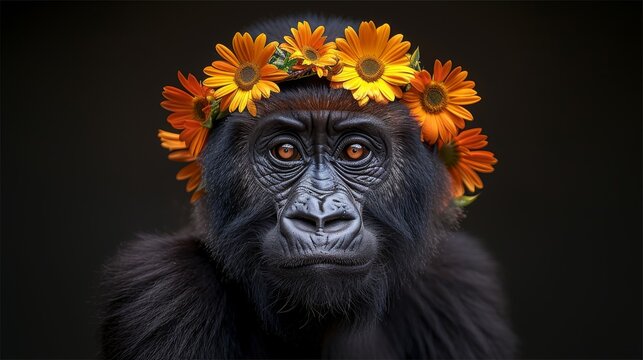  A picture of a monkey with flowers in its hair and a wreath of sunflowers on its head