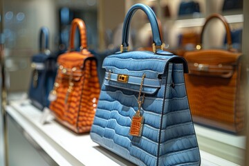 Elegantly designed luxury handbags with crocodile leather texture, showcased in a retail boutique, reflecting exclusivity and style. - obrazy, fototapety, plakaty