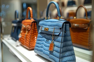Foto op Plexiglas Elegantly designed luxury handbags with crocodile leather texture, showcased in a retail boutique, reflecting exclusivity and style. © Good AI
