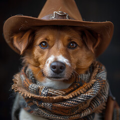 Adorable dog dressed as a cowboy using period clothing from the Midwest - obrazy, fototapety, plakaty