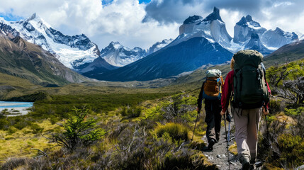 Fototapeta na wymiar Hikers in Majestic Mountain Terrain