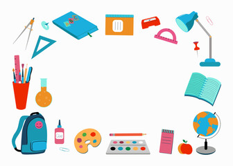 Frame Stationery, accessories for study, school. Set of supplies for study, Education. Place for text, information banner. Color vector illustration. Background isolated.