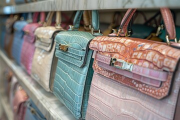 A collection of luxury handbags on display, featuring a variety of textures and colors, exemplifying high-end fashion accessories. - obrazy, fototapety, plakaty