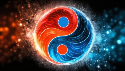 yin yang or tai chi symbol made of red and blue fire on black background created with technology - obrazy, fototapety, plakaty