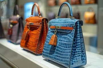 Poster Elegantly designed luxury handbags with crocodile leather texture, showcased in a retail boutique, reflecting exclusivity and style. © Good AI