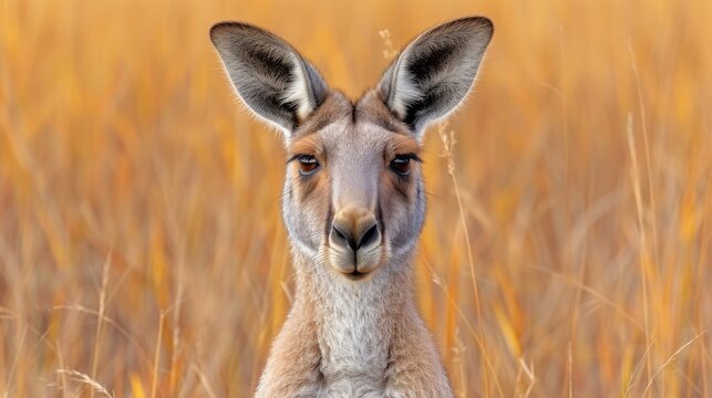  A photo of a close-up kangaroo in tall grass, facing the camera