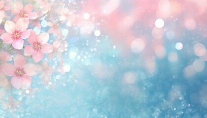 spring flower abstract pastel pink blurred blue white banner with shiny particle glowing wallpaper backdrop mockup may tender colors background with copy space for design text - obrazy, fototapety, plakaty