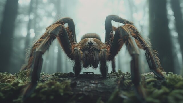  A picture of a spider perched on a log surrounded by trees, with a hazy atmosphere behind it