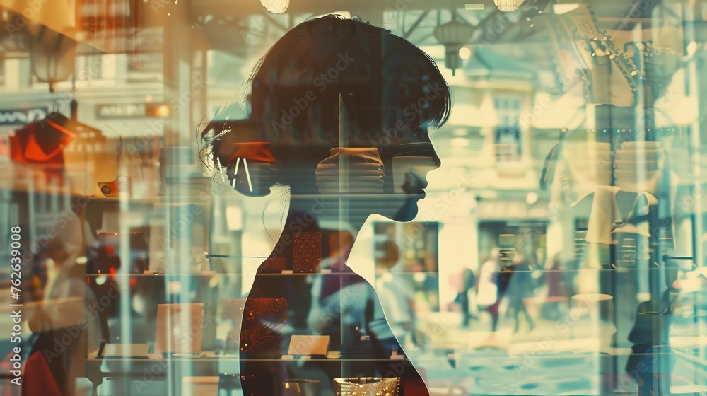 Poster A womans face is visible through the reflection in a window, creating a captivating double exposure effect. The contrast between the indoor and outdoor settings adds depth to the composition.