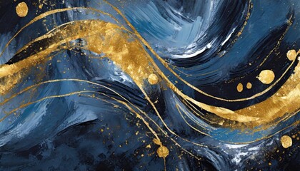 dark blue textured oil paint wit golden elements abstract background - obrazy, fototapety, plakaty