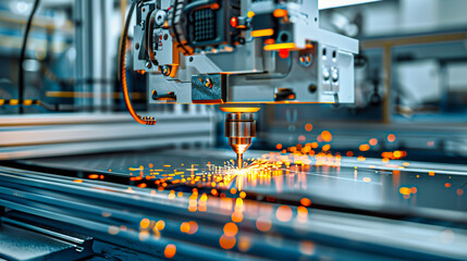 Precision engineering and laser cutting, industrial machinery in action, sparks flying in a modern workshop
