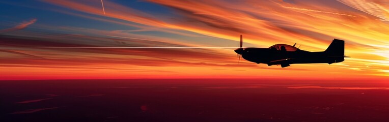 A motor plane silhouetted against the vibrant colors of a sunset sky, soaring through the clouds as the sun dips below the horizon.