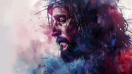 Jesus Christ, son of God, wears a crown of thorns on the day of the crucifixion, when he carries the cross to Mount Calvary, watercolor - obrazy, fototapety, plakaty