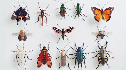 Explore the intricate world of insects with a captivating set of nine diverse specimens, meticulously displayed against a pristine white background.