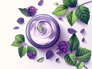 Luxurious purple cosmetic cream in jar with berries and leaves, beauty product illustration