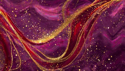 purple liquid with tints of golden glitters purple background with a scattering of gold sparkles magic galaxy of golden dust particles in red fluid with burgundy tints - obrazy, fototapety, plakaty