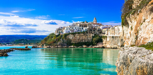 Italy travel. Beautiful coastal town Vieste in Puglia region. Italian summer holidays. - 762639853