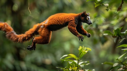 A red and white monkey is leaping through the air. Concept of freedom and playfulness, as the monkey is enjoying its time in the lush green forest - Powered by Adobe